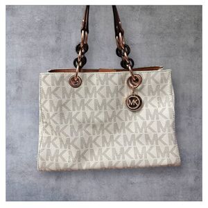 Michael Kors Beige Logo Shoulder Tote with Brown Handles and Gold Accents